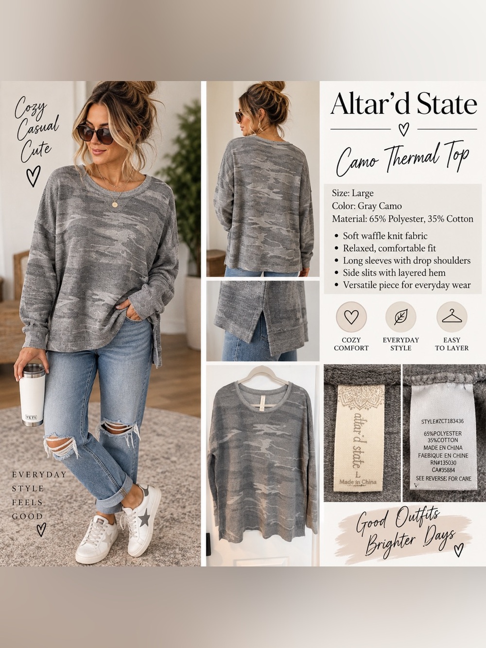 Altar’d State Gray Camo Waffle Knit Thermal Top Size Large